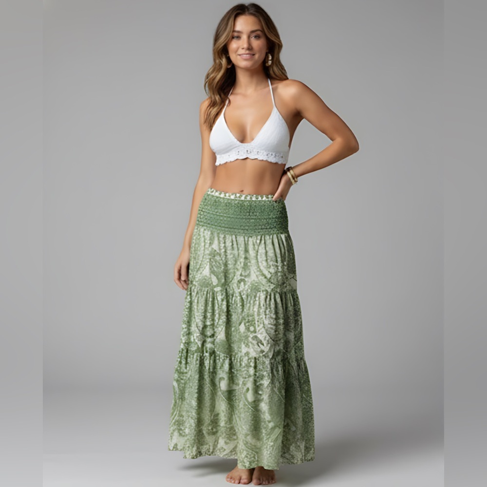 Bohemian Print Long Flared Shirred Skirt Green